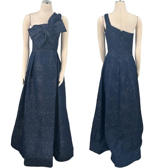 Teri Jon By Rickie Freeman Asymmetric Bow Metallic Sparkle Jacquard Maxi Gown - Picture 6 of 13